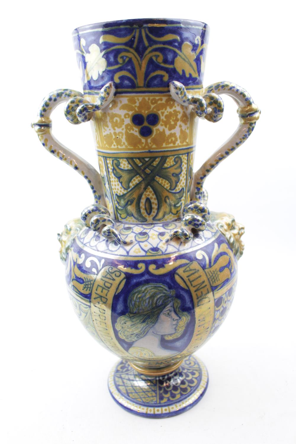 Late 19thC Italian Maiolica Tadino two handled lustre vase. 41cm in Height