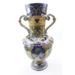 Late 19thC Italian Maiolica Tadino two handled lustre vase. 41cm in Height
