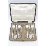 Cased Set of 6 Silver Teaspoons & matching Tongs, Birmingham 1922, 180g total weight