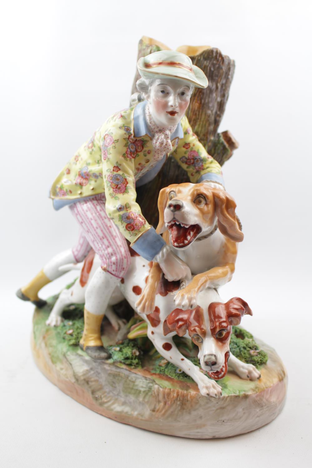 Large 19thC German Hard paste Vase with figure of Regency gentleman with Hunting Dogs against