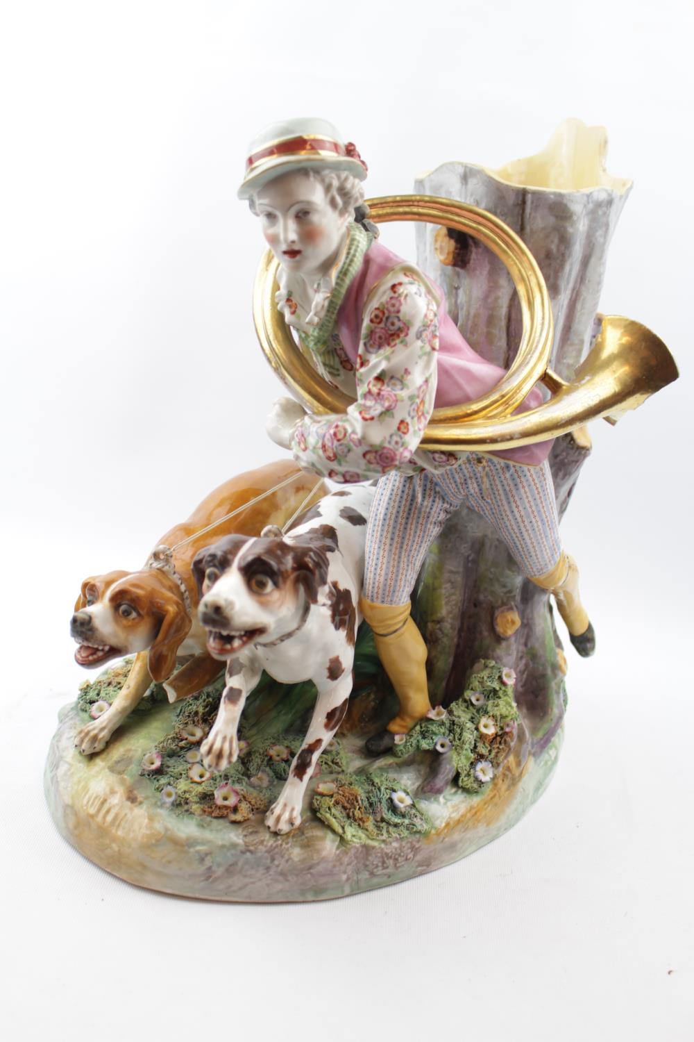 Large 19thC German Hard paste Vase with figure of Regency gentleman with Hunting Dogs against