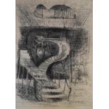 Attributed to Henry Moore R.A. R.W.S. 1831-1895, Charcoal of Spiral staircase against curtains. 25 x