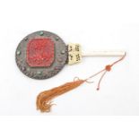A Chinese White Metal-Stone Set Hand mirror, with Bone handle carved, the circular mirror back