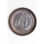 Handcrafted K.S.I.A. Arts and Crafts circular Copper Dish. Chaised to the centre with a stylised