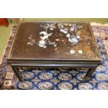 Chinese Republic Black lacquered side table with inset blue and white pottery flora and Fauna