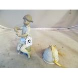 A Lladro figure girl seated (finger a/f) and a Lladro bell