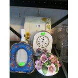 An Aynsley clock and vase, Adderley flower ornament (a/f) and two decorative frames
