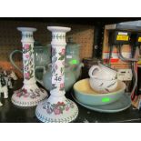 A pair of Portmerion pottery candlesticks and other pottery