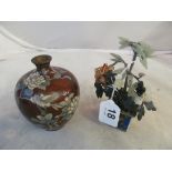 A cloisonné vase with brown sparkle ground decorated birds (sa/f) and a small hardstone tree