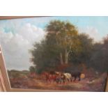 A 19th Century oil on canvas horses pulling logs with cottage and wood to background in gilt frame