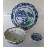A 19th Century blue and white chinoiserie bowl pagoda scene, a Chinese blue and white plate and a