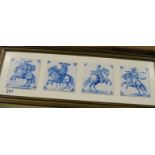 Four framed blue and white tiles men on horseback (slightly a/f)