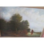 A 19th Century oil on canvas barge on river with cows and windmills in gilt frame