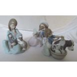 Three Lladro figures girl washing dog, girl with dog and cat and girl with dog and mirror (finger
