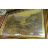 Leslie Stewart - oil rural scene with figures and cottage in gilt frame