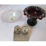 Peter Tysoe - a lustre glass bowl signed, a Victorian red overlaid bowl and a glass inkstand