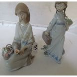 A Lladro lady kneeling holding flower and a Lladro girl with suitcase and flowers (slightly a/f)