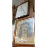 A Victorian etching lady in white dress and another portrait of a Victorian girl with ringlets in