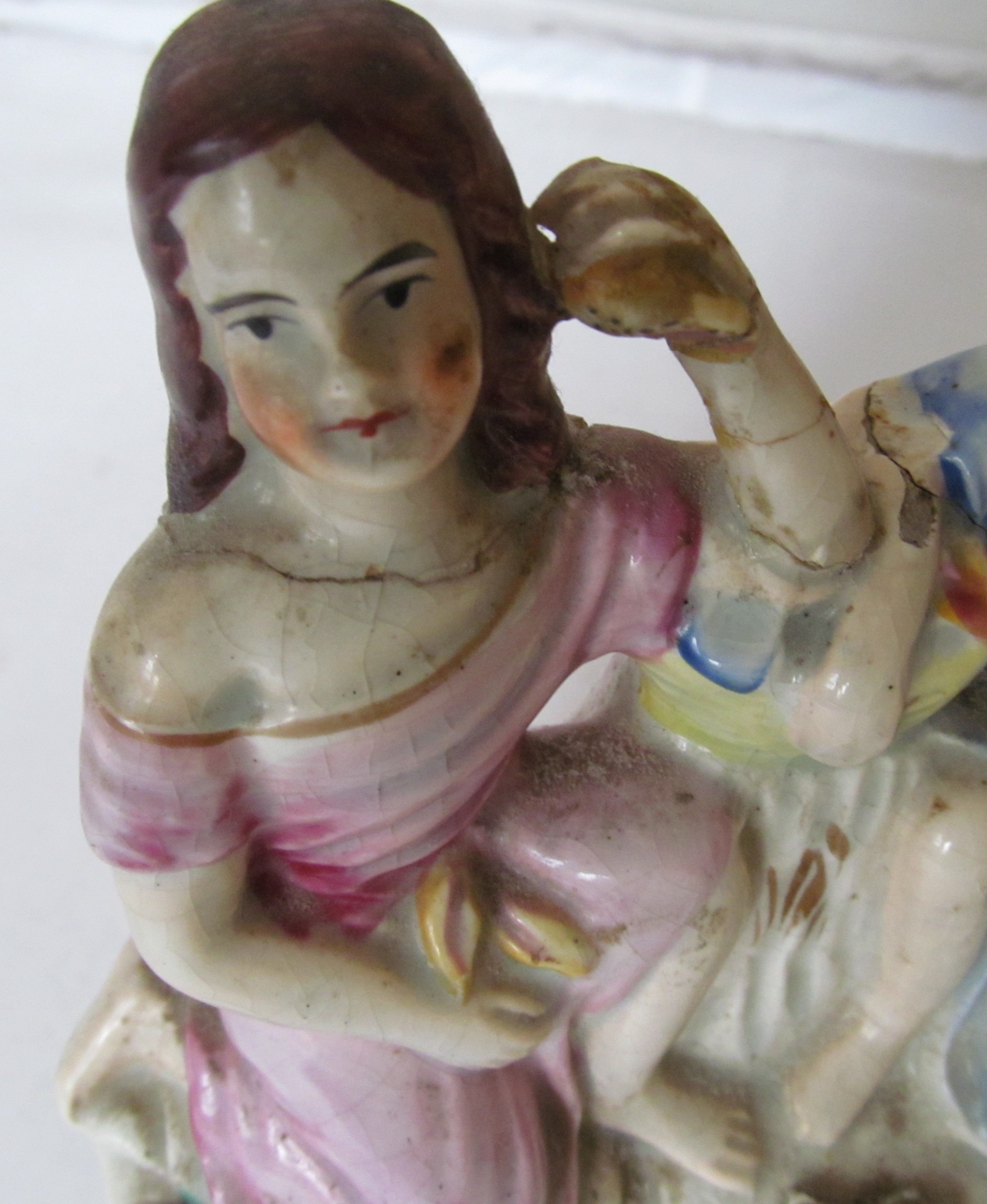 A Staffordshire flatback figure girl with sheep, another two girls on shell design base and - Image 2 of 2