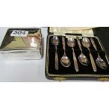 Six EPNS spoons, boxed and a silver clad wooden cigarette box