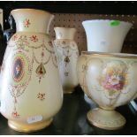 A pair of Crown Devon Fieldings vases, Devon Ware bowl (slightly a/f) and a cream two handled vase