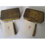 Two WW1 brass Christmas tins both with 1915 card from Princess Mary and bullet shaped pencils