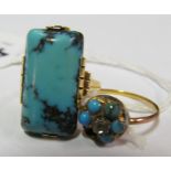 A gold turquoise rectangular ring and a cluster ring (one stone missing)