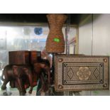 An Anglo-Indian box, pair elephant bookends and a figure on stand