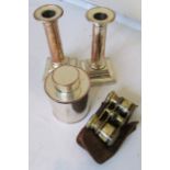 A pair of Sheffield plated candlesticks, a teacaddy and pair of opera glasses