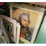 Four military silhouette prints and a print of Nelson