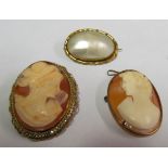 Two cameo brooches and a pearl brooch