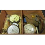A box containing various pocket watches