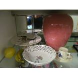 A T G Green pink vase, bird comport, pierced dish, cup and saucer and two fruit ornaments