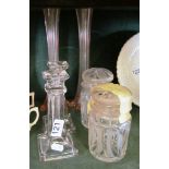A pair of pink glass spill vases, pair glass candlesticks and glass pickle jars
