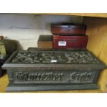 Various decorative boxes including a carved oak box made from the wood of Cromwell's Bridge,