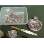 Various plated cutlery, shell dish and tea strainer