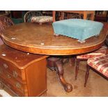 A Victorian walnut circular tip-up action dining table on tripod supports