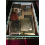 A silver cigarette case, chrome cigarette case, cigarette box, lighter and various cufflinks