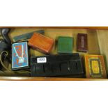 A pair of binoculars, cut throat razor, coin tin, pipes etc