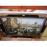 A large modern oil on canvas fishermen and women on dockside bringing in the catch in ornate black