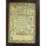 A sampler by Elizabeth Smith 1832 with verse, bridge, flowers and birds (s/a/f)