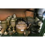 Various brass including 2 teapots and servants bell