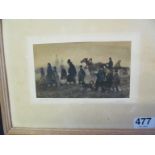A Russian watercolour horse and cart and figures refugees moving 'KPECTbRHEB CTENU' signed A.B 195