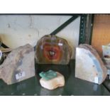 Two pairs of agate polished stone bookends and a jade frog seated on stone