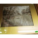 A pair of silk embroidered pictures river scene and Japanese temple