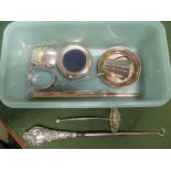 A silver sherry label, silver sugar tongs, napkin ring and other small items of silver