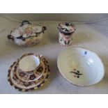 An Imari pattern trio, 19th Century English Imari bowl (a/f) and a Burleigh Ware conserve pot