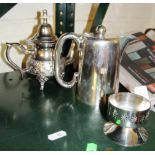 A silver plated Walker & Hall hot water jug, another, small teapot and bowl.