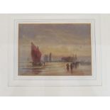 After Thomas Bush Hardy - watercolour fishermen bringing back catch to figures waiting on shore