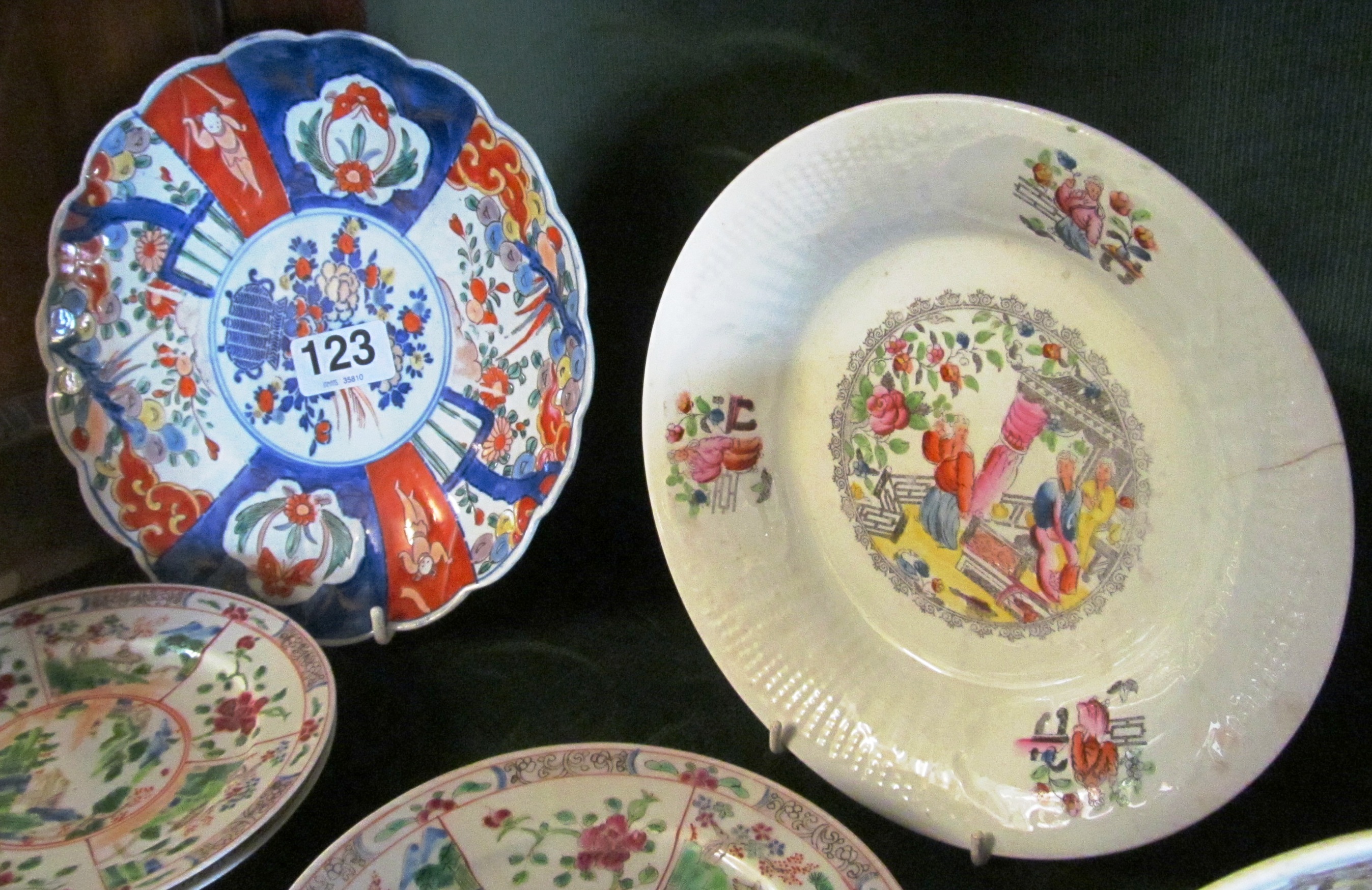 An Imari fluted edge plate and four famille rose side plates, 3 cups,3 saucers an a plate - Image 2 of 3